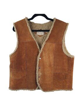Vintage I.D.M. Shearling-Lined Genuine Leather Vest Snap Closure Pockets Sz M-L